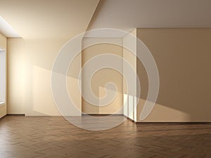 Empty Room with Beige Walls, Parquet Floor and a Brown Plinth. 3D Illustration, 7680x5760, 300 dpi