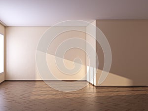 Empty Room with Beige Walls, Parquet Flooring and a Brown Plinth. 3D Illustration, 7680x5760, 300 dpi