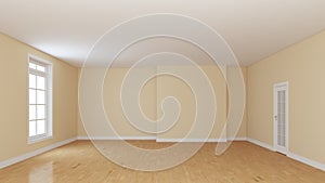 Empty Room with Beige Walls, White Ceiling, Light Glossy Parquet, Plinth, Window