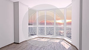 Empty room with big window and calm sunset over the ocean outside. Background Plate, Chroma Key Video Background