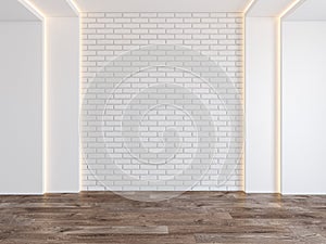 Empty room with blank brick wall, hidden light, parquet wood floor.