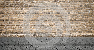 Empty room with bricks wall and tiled floor