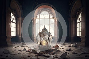 empty room, with broken lantern and shattered glass on the floor, in abandoned castle