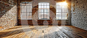 Empty room in building with wooden floor and brick walls