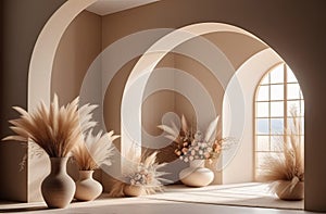 empty room with built in arch, dried flowers, nice window, sun rays going through the window, perfect for photo backdrop