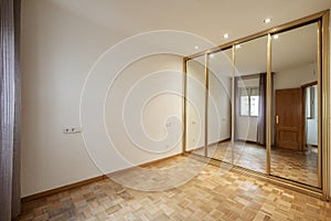 Empty room with a built-in wardrobe with sliding mirror doors and golden metal edges