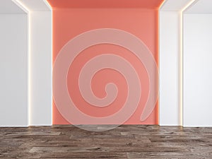 Empty room with coral, pink color blank wall, hidden light, parquet wood floor.