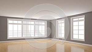 Empty Room Corner with Gray Walls, Three Large White Windows