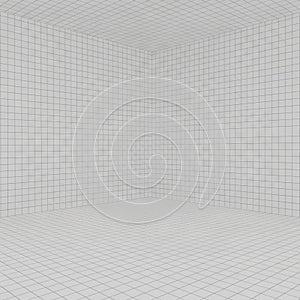 Empty Room Corner with Grid Pattern on Walls and Floor