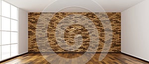 Empty room design copy space with the wooden floor and bricks wall 3d rendering