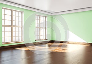 Empty room with green walls and large Windows. 3d rendering