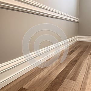 Empty room with hardwood floor and white wall. Baseboard, and molding on walls