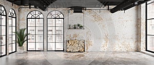 Empty room Industrial loft style interior with brick wall.Panorama view.