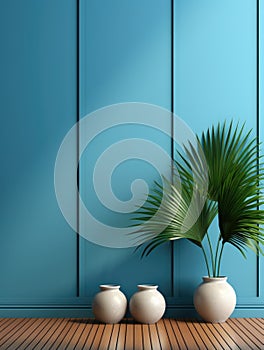 Empty room interior background, blank blue wooden paneling wall, vases and palm leaf, 3d rendering