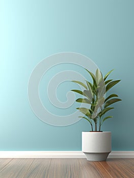 Empty room interior background, blue wall, pot with plant, wooden flooring 3d rendering