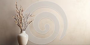 Empty room interior background, white concrete or stucco wall, beige wooden floor, vase with branch. Mock up plaster wall