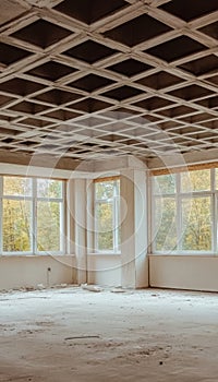 Empty Room, Interior With Coffered Ceiling, Sunlight And Large Windows, Renovation Project photo