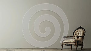 Empty room interior design background a vintage ornate chair, beige upholstery, dark wooden details, against a light-colored wall