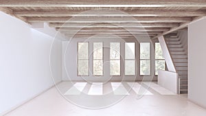 Empty room interior design, open space with resin floor, window and white walls, bleached wooden beams ceiling and staircase,