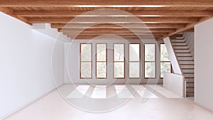 Empty room interior design, open space with resin floor, window and white walls, wooden beams ceiling and staircase, minimal