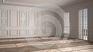 Empty room interior design, open space with white walls with stucco and parquet wooden floor, classic contemporary architecture,