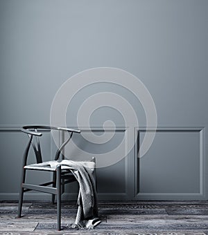 Empty room interior with gray chair and classic gray wall, modern living room mock up, 3d rendering