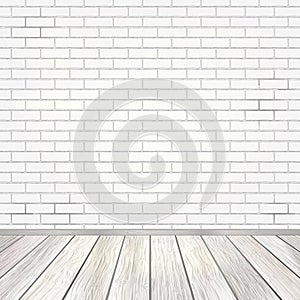 Empty room interior with white brick wall and light wooden floor background