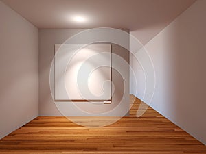 Empty room interior with white canvas on gray wall in the gallery