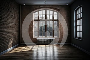 An empty room with a large loft-style window. Illustration AI Generative
