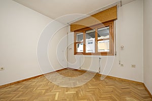 Empty room with large window made of pine wood and glass