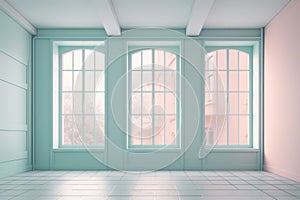 Empty room, and large windows, pastel colors, blue and pink. AI generative