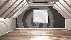 Empty room, loft, attic, parquet wooden floor and wooden ceiling