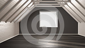 Empty room, loft, attic, parquet wooden floor and wooden ceiling