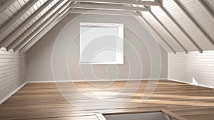 Empty room, loft, attic, parquet wooden floor and wooden ceiling