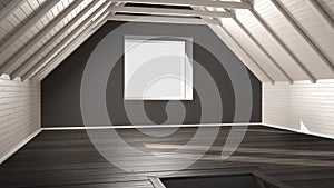 Empty room, loft, attic, parquet wooden floor and wooden ceiling