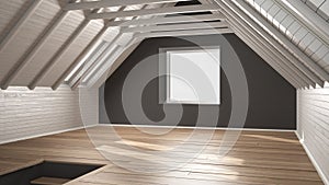 Empty room, loft, attic, parquet wooden floor and wooden ceiling