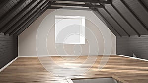 Empty room, loft, attic, parquet wooden floor and wooden ceiling