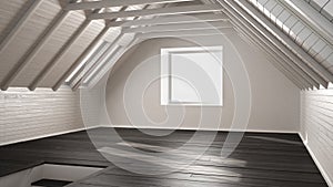 Empty room, loft, attic, parquet wooden floor and wooden ceiling