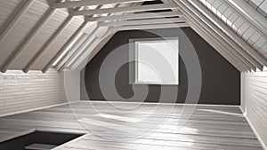 Empty room, loft, attic, parquet wooden floor and wooden ceiling