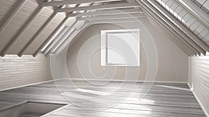 Empty room, loft, attic, parquet wooden floor and wooden ceiling