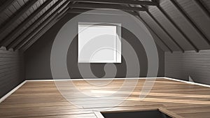 Empty room, loft, attic, parquet wooden floor and wooden ceiling