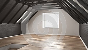 Empty room, loft, attic, parquet wooden floor and wooden ceiling