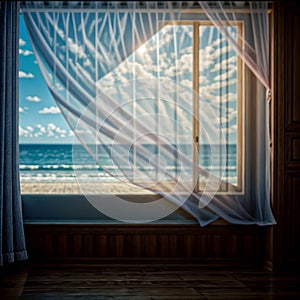 Empty room in a luxurious summer beach house with sea views behind the curtains - generated by ai