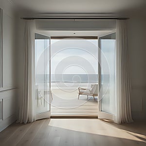 Empty room in a luxurious summer beach house with sea views behind the curtains - generated by ai