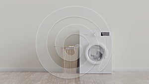 Empty room. Modern washing machine, laundry in baskets and domestic room interior