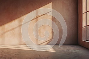 Empty room with monochrome brown textured wall with shadows. Wall scene mockup for showcase with copy space