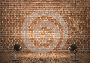 Empty room, old wooden floor, brick wall with two lamps