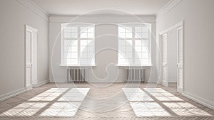 Empty room with parquet floor, big windows, doors and radiators, white interior design