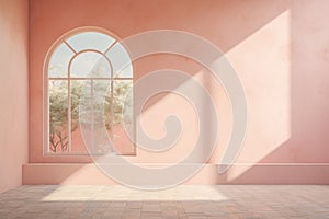 Empty room in pastel peach colour with beautiful arched window looking into garden.