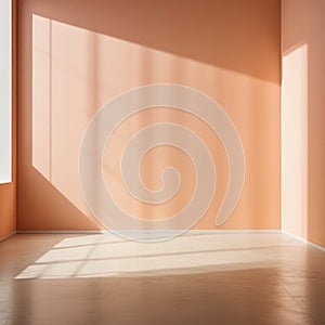 Empty room with peach fuzz color walls and light and shadow effect for product placement mockup
